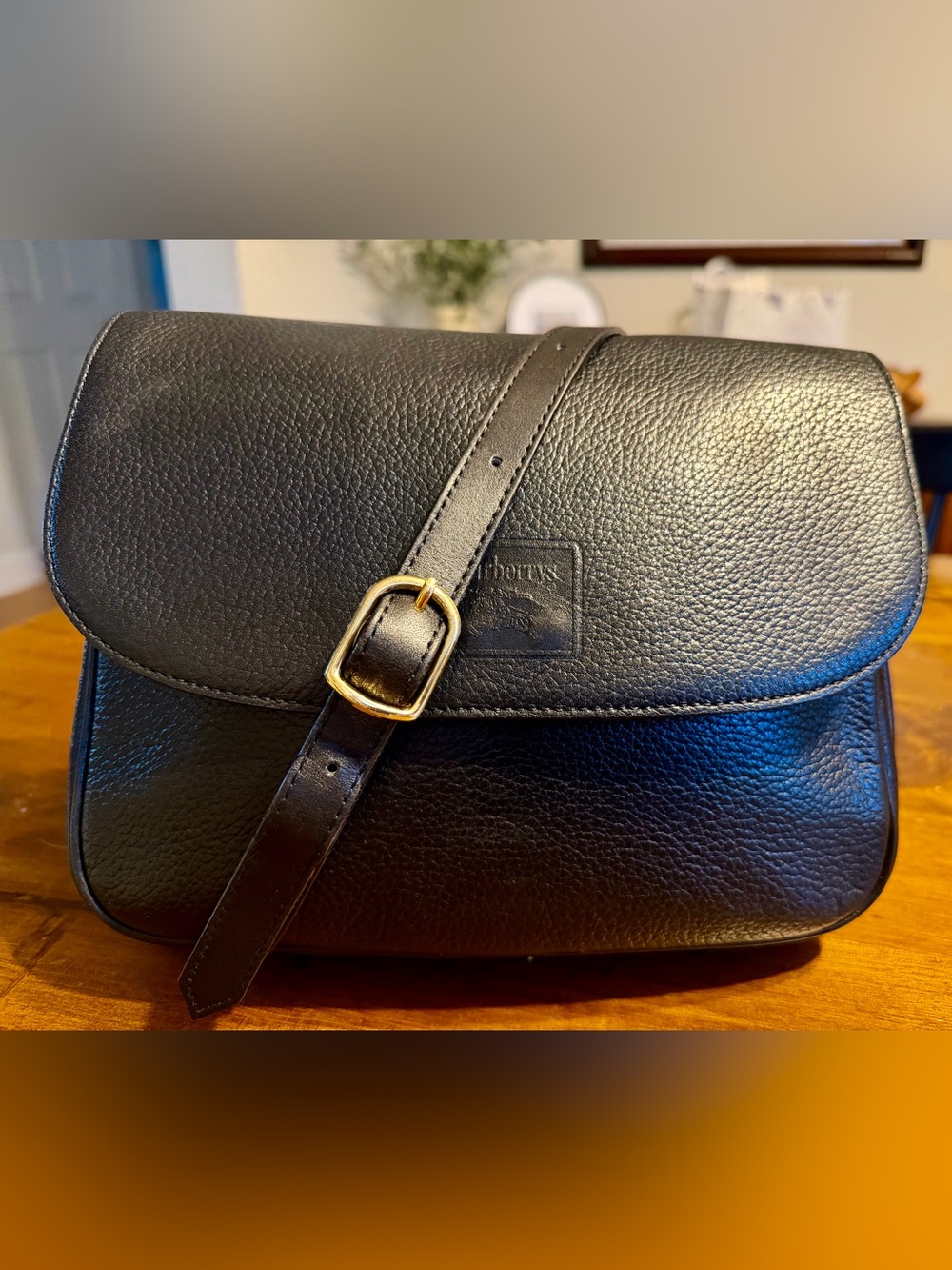 Authentic vintage Burberry Black Leather Crossbody Bag with Gold Buckles